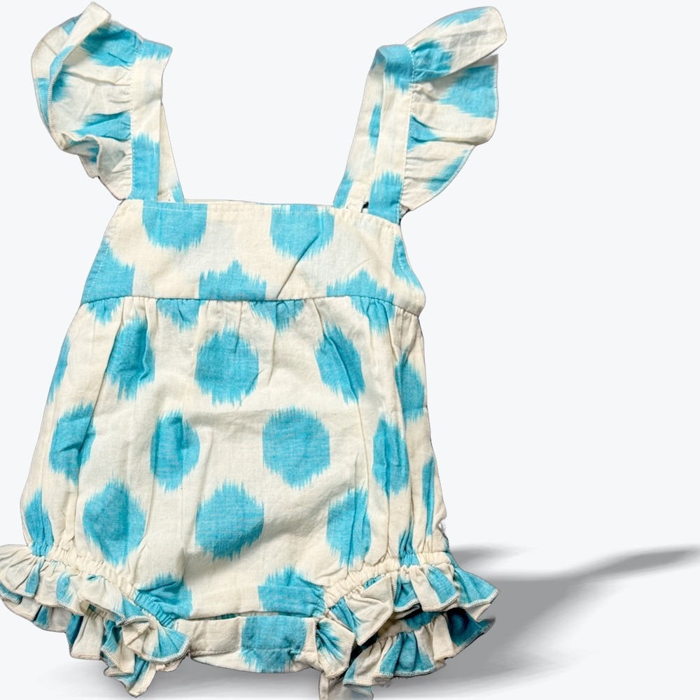 Mer St. Barth Baby Romper Blue White Ikat Ruffle‎ Snap Luxury Resort wear 18/24M